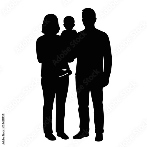 Family silhouette holding baby together on a plain background  