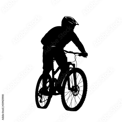 Silhouette of a cyclist riding a mountain bike against a white background  