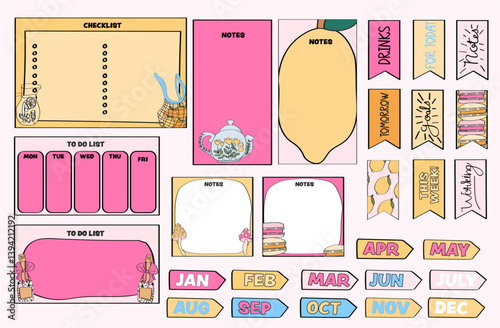 cute girly planner pages and stickers collection.  sticky notes and memo notepad pages.