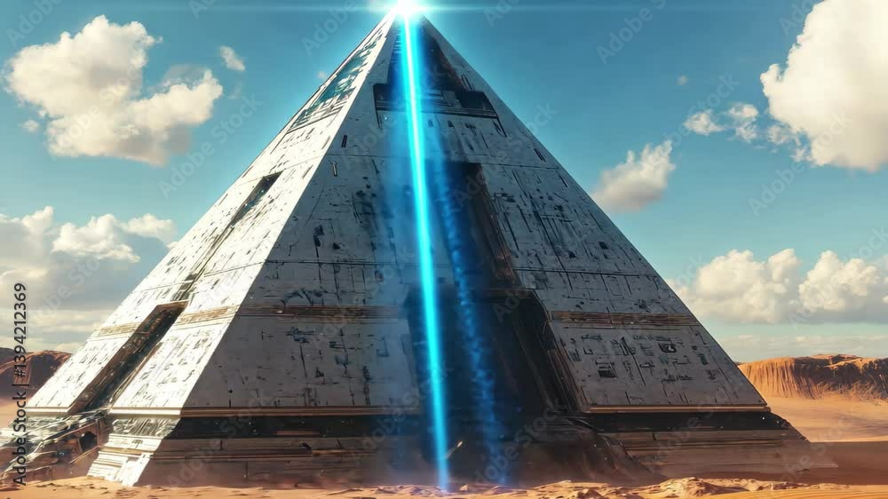 Extraterrestrial pyramid standing in a vast desert landscape under a bright sky, 4K Extraterrestrial Sci-Fi Pyramid in Desert Vintage 3D