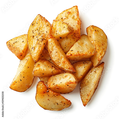Golden and crispy potato wedges with a perfectly fried exterior and soft interior, isolated white background, hyperrealism art style