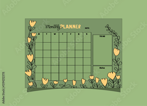 yellow flower monthly planner template. Planner for daily and weekly organizing.