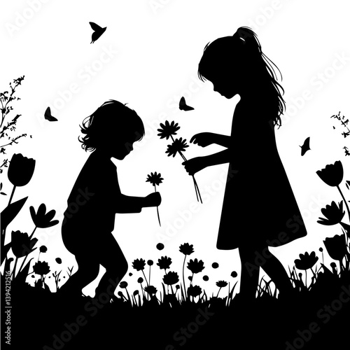 Enchanted Garden: Black and White Vector Silhouette of Kids Exploring and Collecting Blossoms in Nature