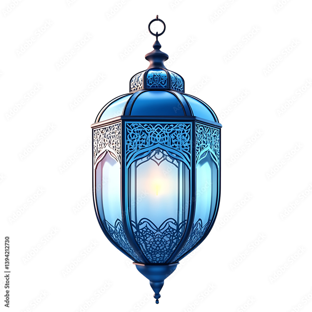 A decorative lantern with intricate filigree metalwork and a softly glowing candle in the center, designed in a vertical hexagonal form and isolated on a dark backdrop