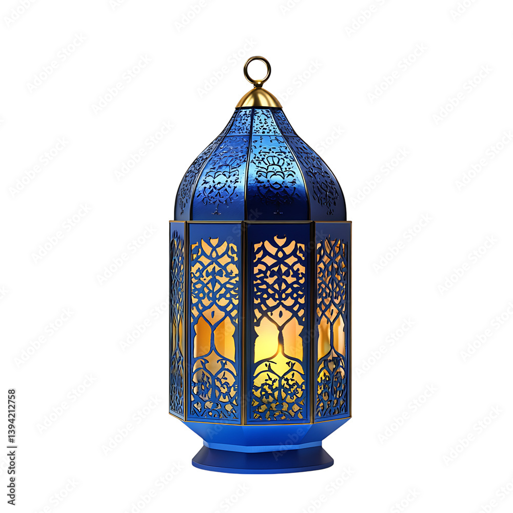 A decorative lantern with intricate filigree metalwork and a softly glowing candle in the center, designed in a vertical hexagonal form and isolated on a dark backdrop