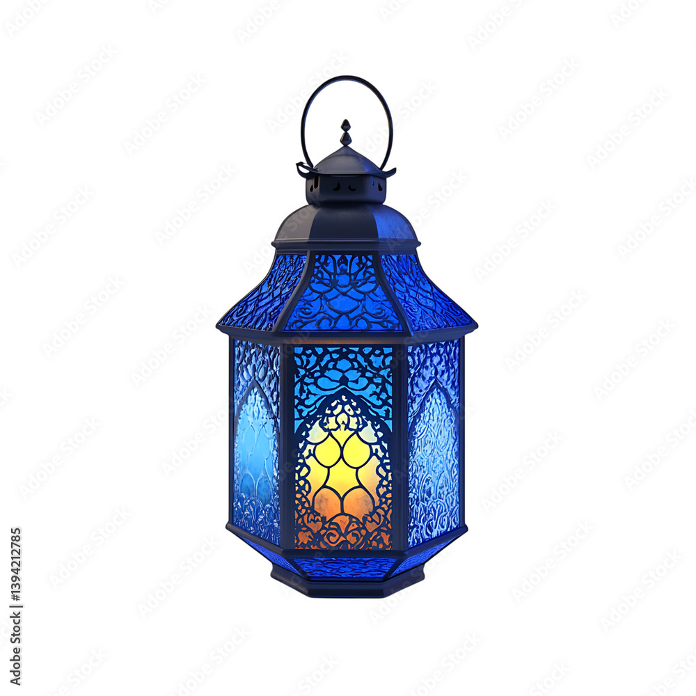 A decorative lantern with intricate filigree metalwork and a softly glowing candle in the center, designed in a vertical hexagonal form and isolated on a dark backdrop