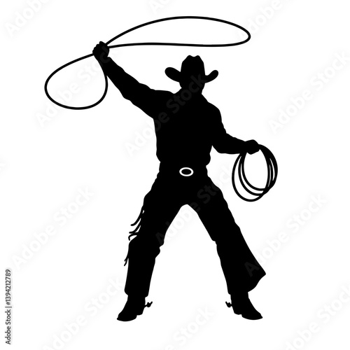 Cowboy demonstrating lasso skills in silhouette against white background  