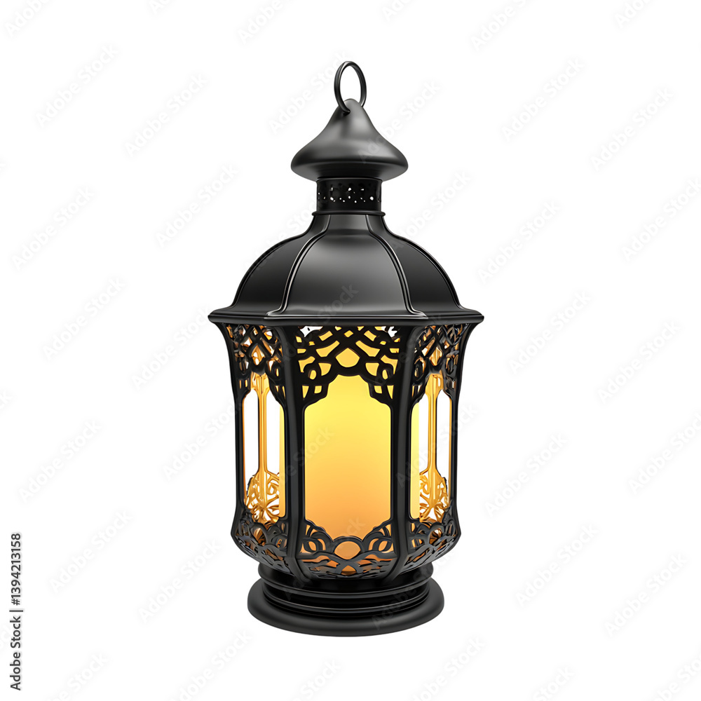 A decorative lantern with ornate cutout patterns and a lit candle placed inside, featuring a round handle and intricate metal design standing upright on a dark background