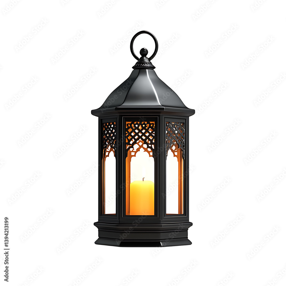 A decorative lantern with ornate cutout patterns and a lit candle placed inside, featuring a round handle and intricate metal design standing upright on a dark background