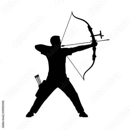 Archer in action aiming at target silhouette on white background  