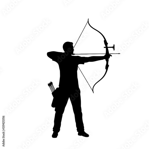 Archer Aiming with Bow Silhouette on White Background  