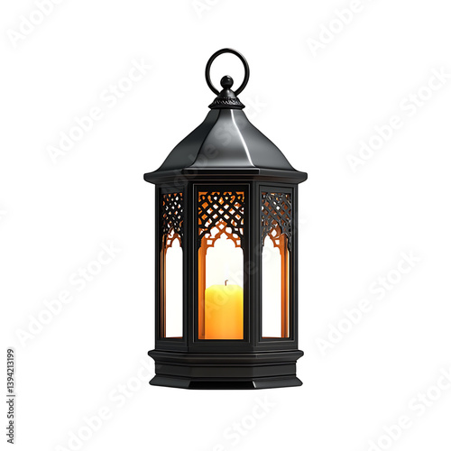 Obraz na płótnie A decorative lantern with ornate cutout patterns and a lit candle placed inside, featuring a round handle and intricate metal design standing upright on a dark background w salonie