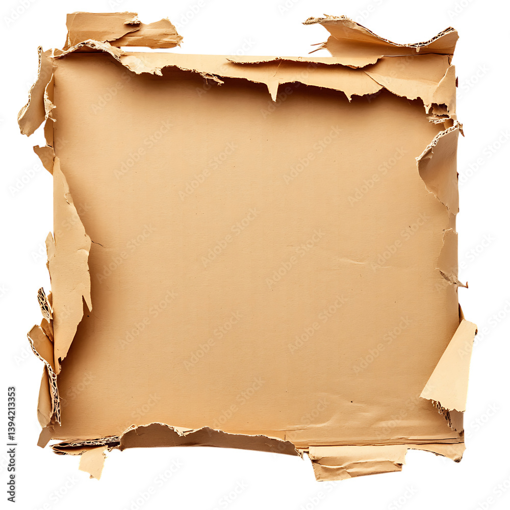 A torn cardboard frame with rugged and jagged edges forming a square border around an empty central space, placed against a dark isolated background for high contrast