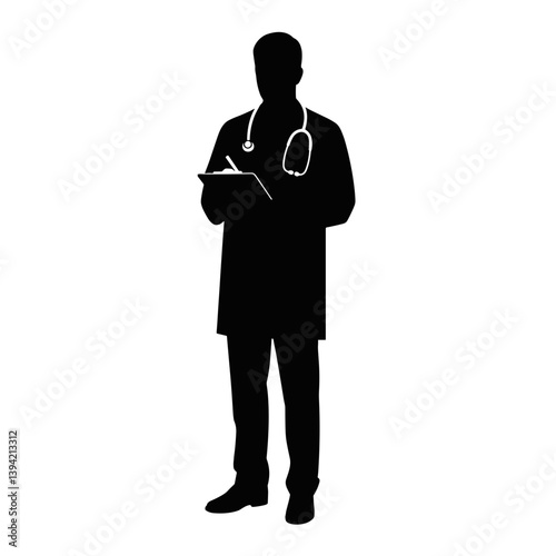 Doctor silhouette holding clipboard in minimalist style  