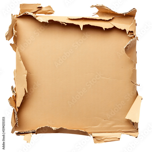 A torn cardboard frame with rugged and jagged edges forming a square border around an empty central space, placed against a dark isolated background for high contrast