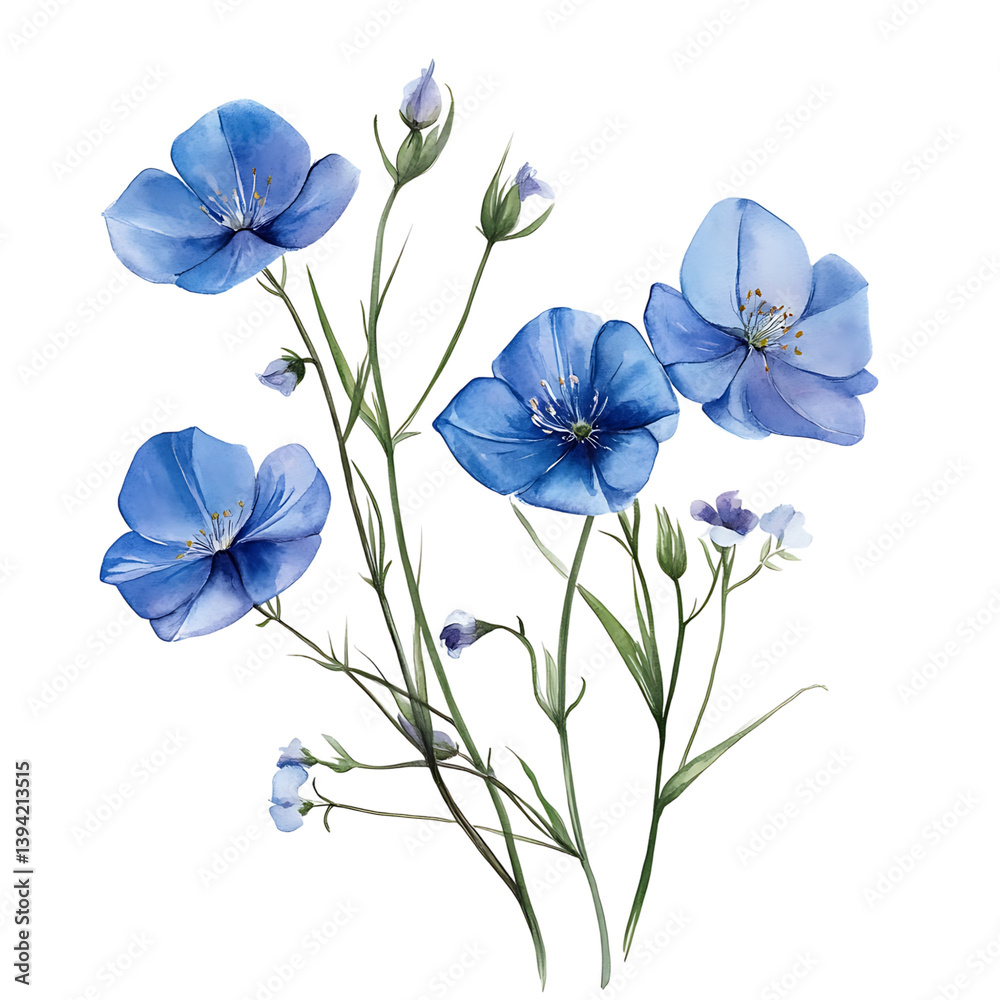 A botanical illustration of a flax flower bouquet with thin stems and delicate round-petaled flowers arranged in an organic upward spray composition against a black background
