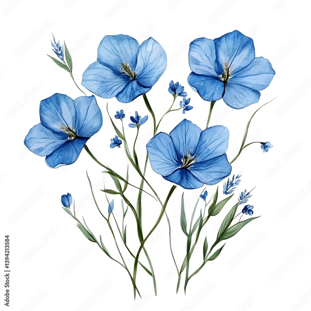 A botanical illustration of a flax flower bouquet with thin stems and delicate round-petaled flowers arranged in an organic upward spray composition against a black background