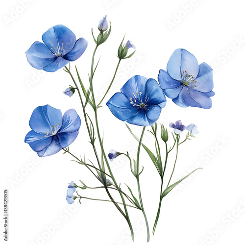 Obraz na płótnie A botanical illustration of a flax flower bouquet with thin stems and delicate round-petaled flowers arranged in an organic upward spray composition against a black background w salonie
