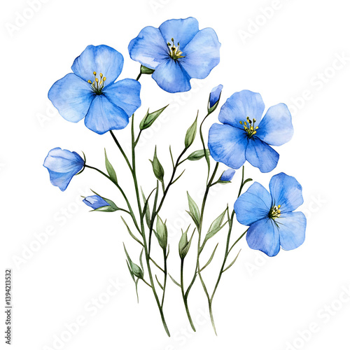A botanical illustration of a flax flower bouquet with thin stems and delicate round-petaled flowers arranged in an organic upward spray composition against a black background
