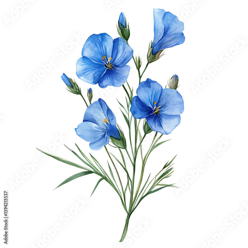 A botanical illustration of a flax flower bouquet with thin stems and delicate round-petaled flowers arranged in an organic upward spray composition against a black background