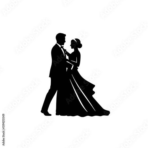 Elegant couple dancing happily in formal attire on white background  