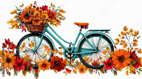 Autumnal Floral Bicycle Illustration Teal Bike with Orange Flowers