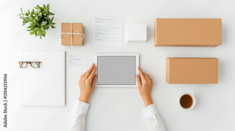 Organizing workspace with tablet modern office flat lay image minimalist environment top-down perspective Organizing workspace with tablet modern office flat lay image minimalist environment top-down perspective