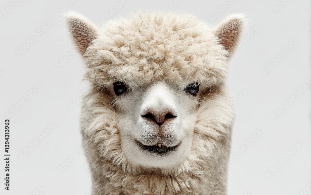 A close-up portrait of a fluffy alpaca with gentle smile, pure white background