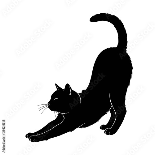 Black cat stretching in silhouette against a white background  