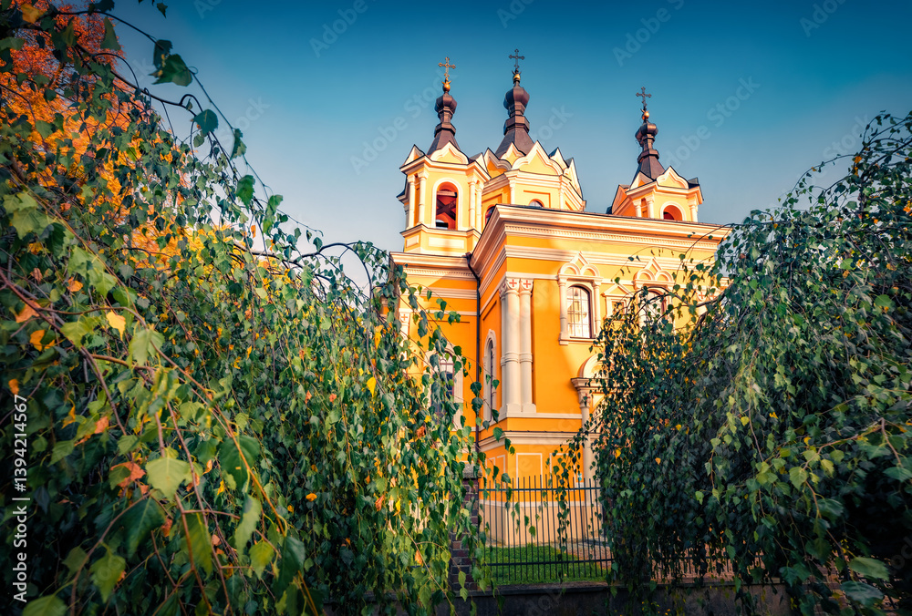Beautiful morning view of Orthodox Church of St. Nicholas the Wonderworker among the birch branches. Nice summser cityscape of Tomaszow Lubelski town, Poland. Traveling concept background.