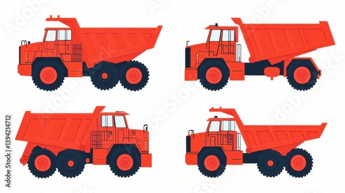 Vibrant Construction Vehicles with Dumper Trucks in Four Distinct Angles and Designs