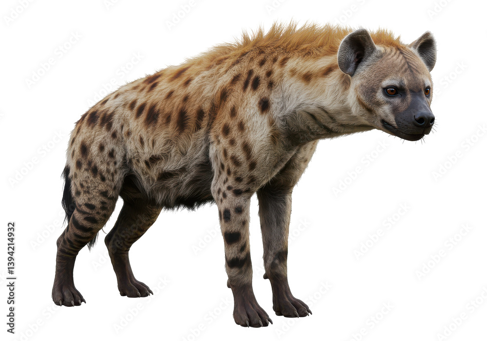 Realistic depiction of a hyena standing in a natural environment, showcasing its unique features Realistic depiction of a hyena standing in a natural environment, showcasing its unique features