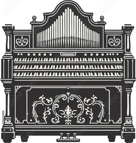 Antique piano surrounded by musical instruments and notes