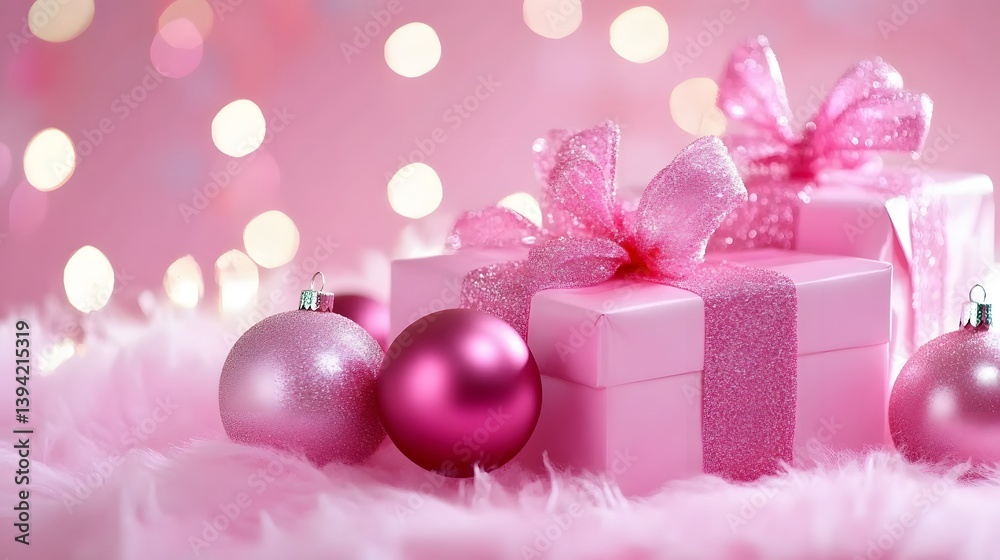 Fototapeta premium Pink Christmas Gifts Glitter Bows Ornaments Festive Background