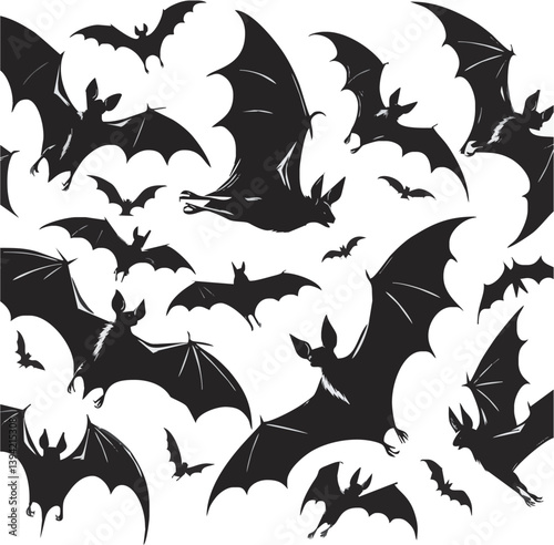Nocturnal Silhouette: A captivating swarm of bats, silhouetted against the twilight sky, evoking a sense of mystery and the enchanting atmosphere of Halloween night.