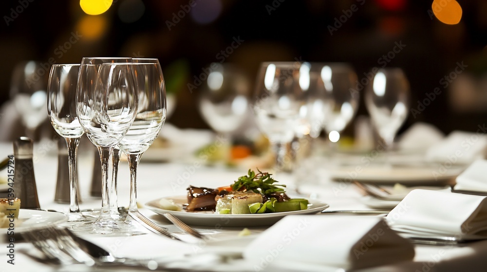 Fototapeta premium Elegant dining setup with wine glasses and gourmet dish at restaurant