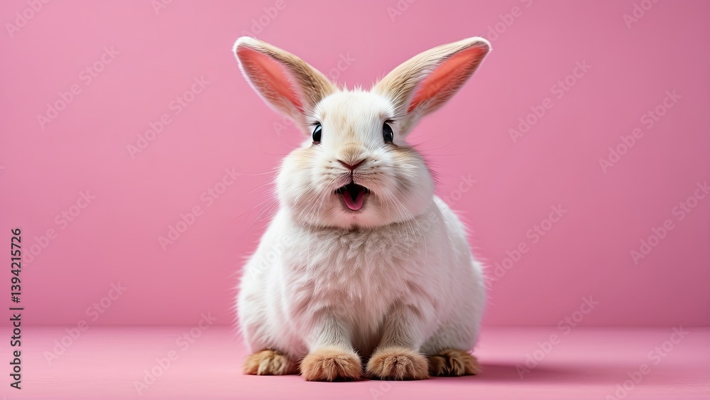 Obraz premium A white rabbit with large ears and wide, expressive eyes is pictured against a pink background.