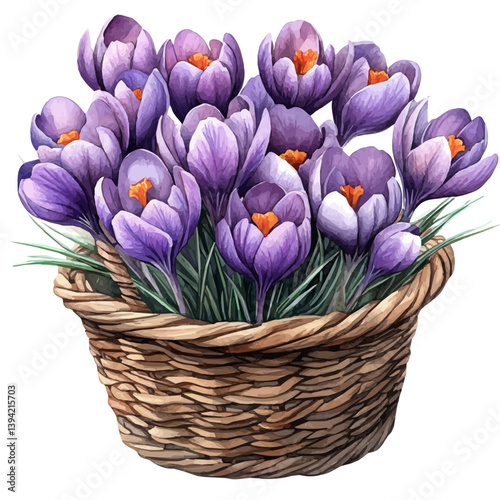 Crocus bouquet in a basket, watercolor illustration, isolated on a white background.


