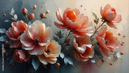 Delicate floral arrangement with soft pink and peach flowers against a muted background. Gentle pastel hues create a serene and calming atmosphere.