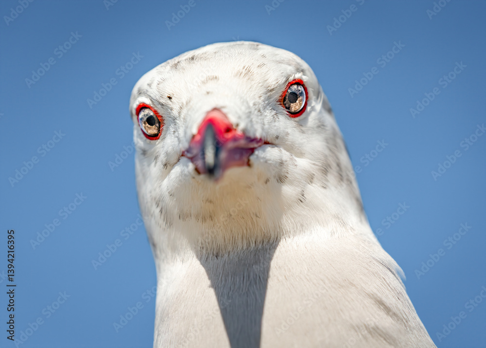 Close-up profile photograph of seagull at the beach