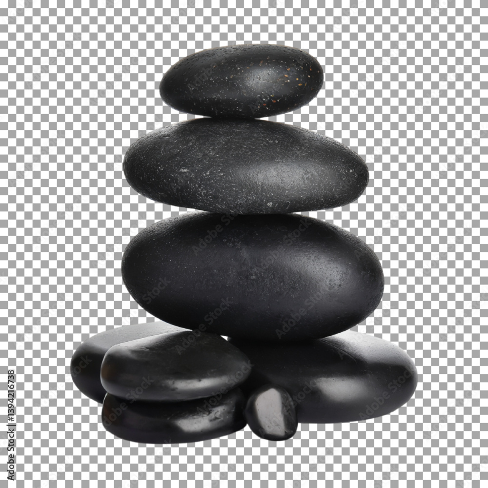 Fototapeta premium Black spa stones, Calm and Balanced Black Stones for Wellness and Spa on transparent background, png, psd 