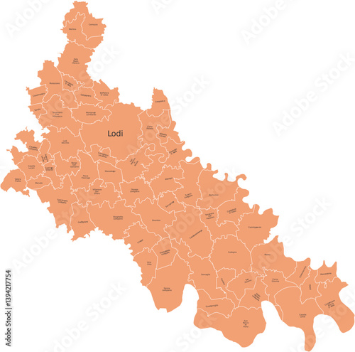 Vector image of the province of Lodi with separate municipalities and editable labels