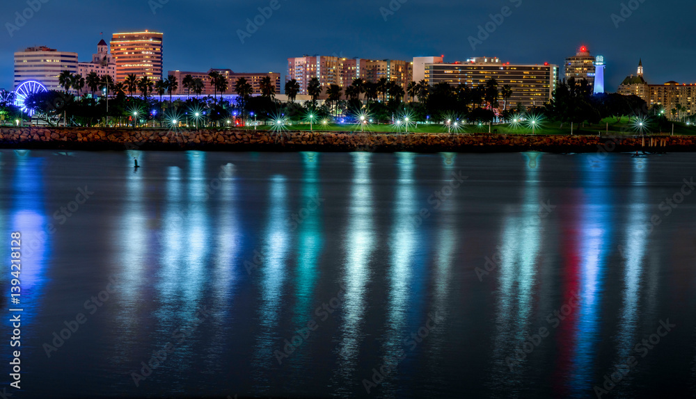 Night time city scape of Downtown Long Beach, California