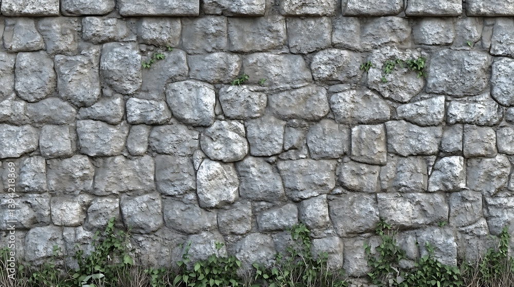 Fototapeta premium Ancient stone wall texture. Weathered grey rocks, fitted tightly together. Small plants grow in the crevices
