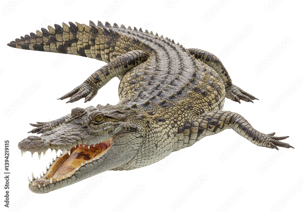 Naklejka premium Realistic depiction of a crocodile in a natural environment with lush greenery