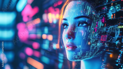 Wallpaper Mural Vibrant holographic female digital assistant on retro crt monitor with nostalgic tech background Torontodigital.ca