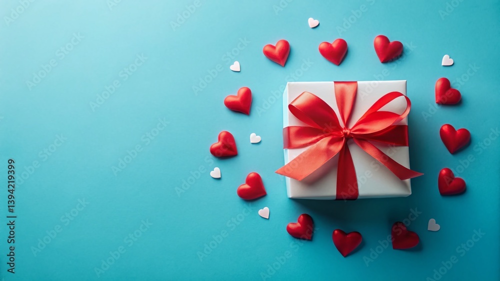 Obraz premium Romantic Valentines Day Gift Box Exquisite Red Hearts Elegant White Ribbon and a Touch of Blue for a
