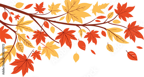 Autumn seasonal background with horizontal border made of falling autumn golden, red and orange colored leaves.