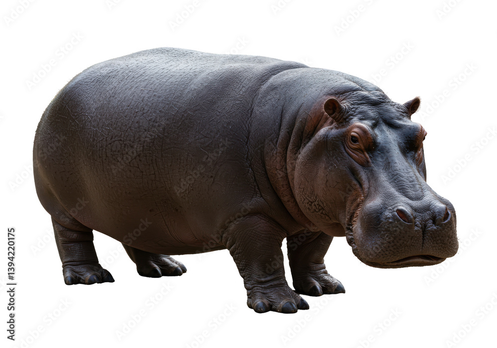 A close-up view of a hippo standing on a plain, with lush greenery in the background A close-up view of a hippo standing on a plain, with lush greenery in the background