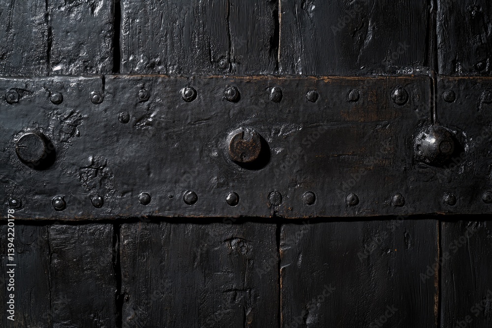 Fototapeta premium Aged dark wood panel with metal reinforcement